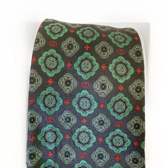 VTG GUCCI 100% Silk Tie Navy Green Medallion Print Vintage 1990s Made In Italy - Picture 6 of 14